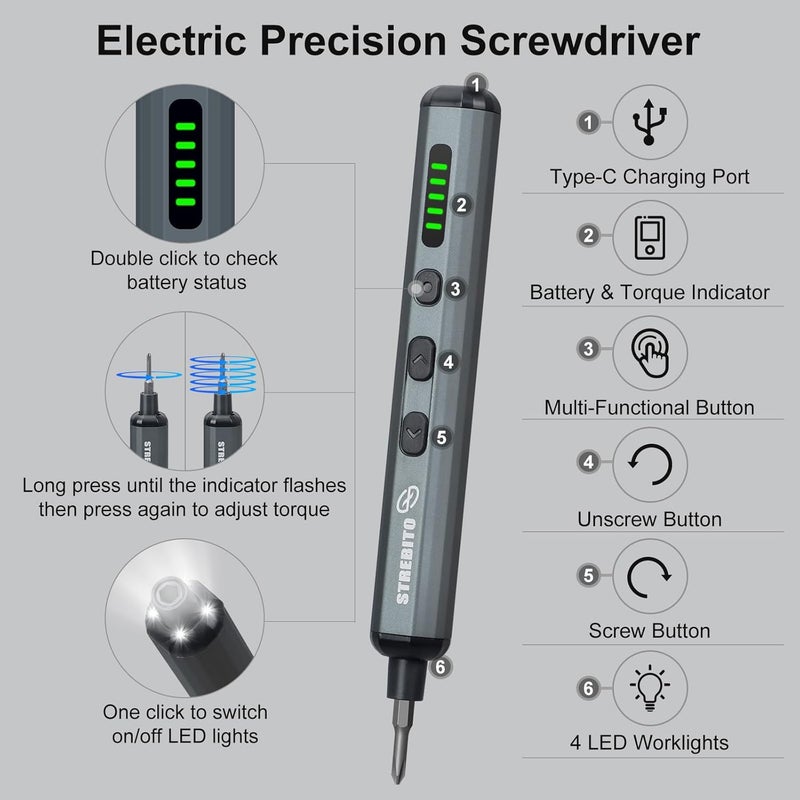 STREBITO Mini Electric Screwdriver Set, 70 in 1 Small Electric Screwdriver Cordless - 64 S2 Preicison Bits, 5 Torque Settings, 4 LED Lights, Mini Power Screwdriver Repair Tool Kit for PC RC Electronic - Image 2